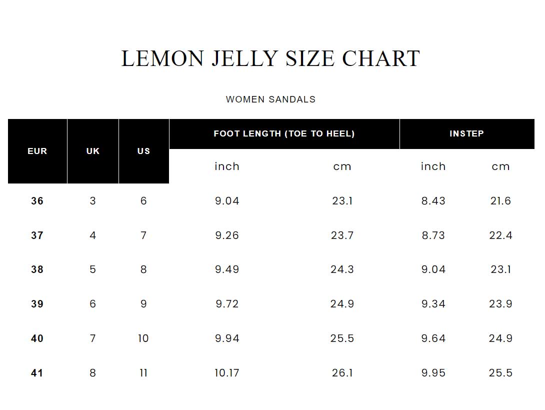 Tableau des tailles pour les sandales pour femmes Lemon Jelly